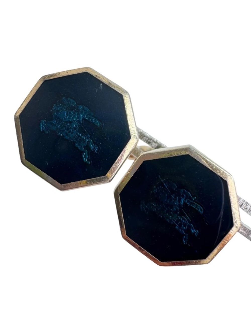 Vintage Burberry Cufflinks Blue Enamel Knight Logo Octagon Gold Tone Groom Suit - Picture 2 of 10
